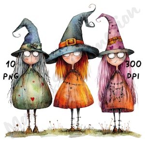 10 PNG Quirky Halloween Witch Friends Clipart, Whimsical Funny Halloween Witch, Watercolor Cartoon Sublimation for Junk Journals & Scrapbook