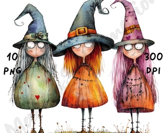 10 PNG Clipart di amici streghe di Halloween stravaganti, strega di Halloween bizzarra e divertente, sublimazione di cartoni animati ad acquerello per diari e album di ritagli