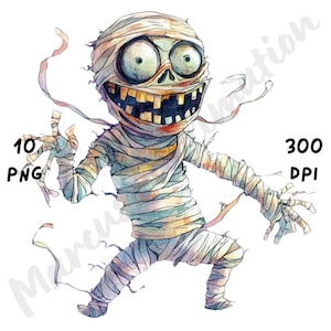 10 imágenes PNG de momias espeluznantes y peculiares, sublimación divertida y caprichosa de Halloween, imágenes prediseñadas de acuarela de dibujos animados espeluznantes para diarios basura y álbumes de recortes