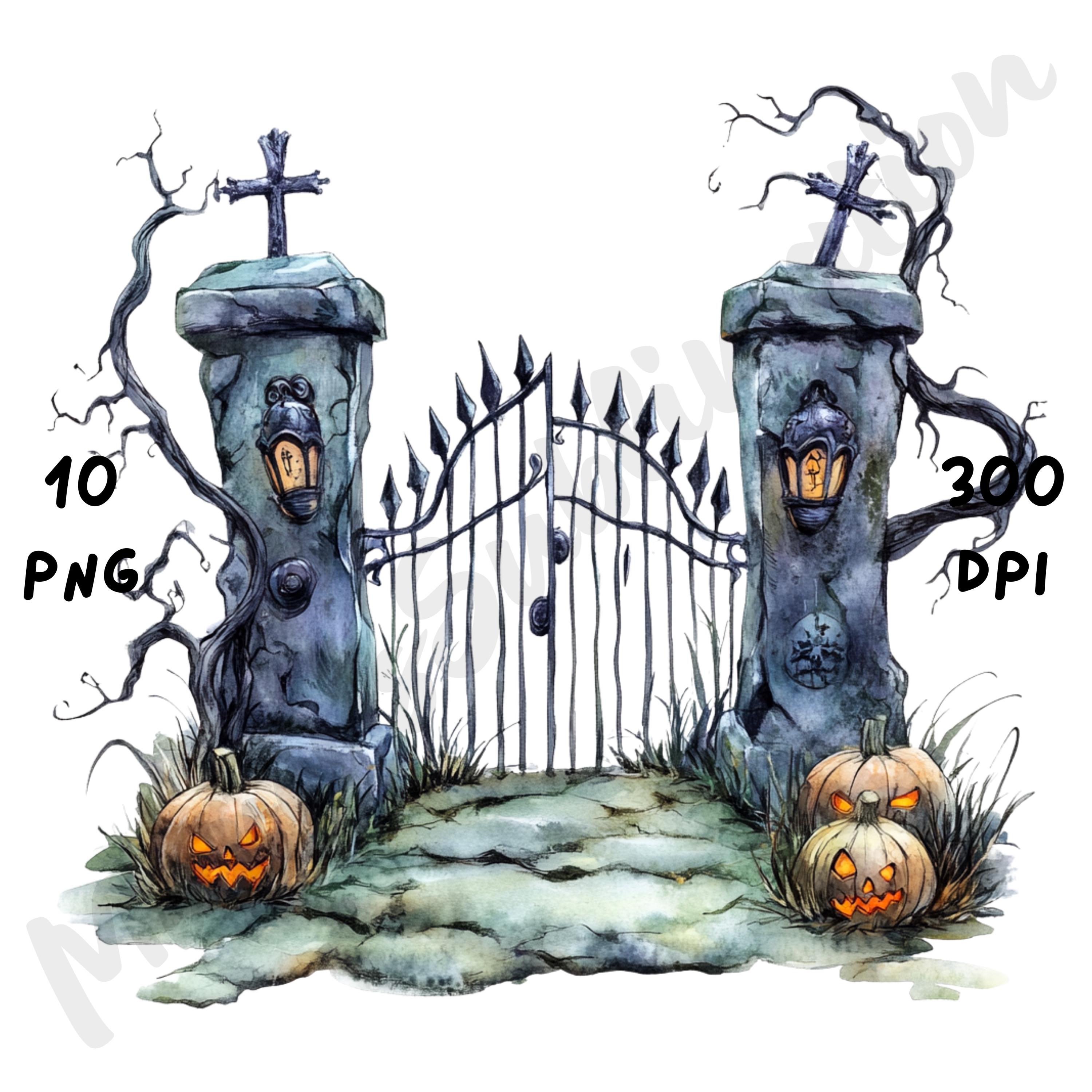 10 PNG Quirky Graveyard Gate Clipart, Watercolor Cartoon Halloween ...
