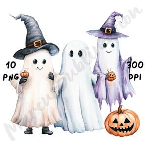 10 PNG Quirky Halloween Ghosts Clipart, Watercolor Cartoon Creepy Cute Sublimation, Whimsical Spooky Ghosts for Paper Crafts & Junk Journals