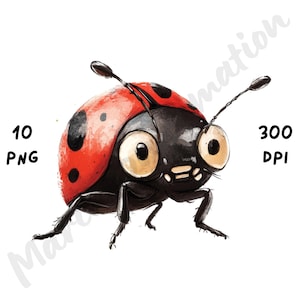 10 imágenes PNG de mariquitas peculiares: mariquitas de dibujos animados, insectos divertidos y caprichosos, sublimación de animales en acuarela, arte imprimible para manualidades digitales