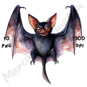 10 imágenes PNG de murciélagos góticos peculiares, sublimación divertida y caprichosa de Halloween, imágenes prediseñadas de murciélagos de acuarela para revistas basura y álbumes de recortes.