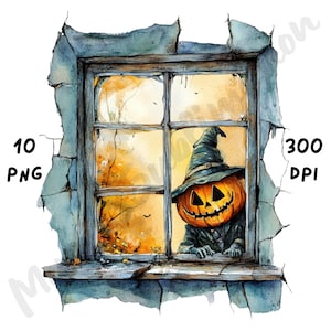 May include: Watercolor illustration of a Halloween scene. A carved pumpkin wearing a witch's hat peers through a weathered window. The window frame is blue, and the background is a warm, autumnal color. Text on the left reads "10 PNG" and on the right "300 DPI".