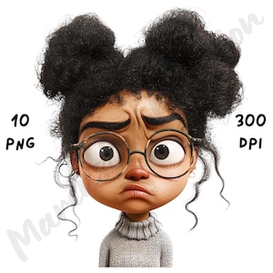 10 PNG Quirky Grumpy Black Girl Clipart, Cute Afro Whimsical Girl Sublimation, Printable Watercolor, Instant Download, Digital Paper Crafts