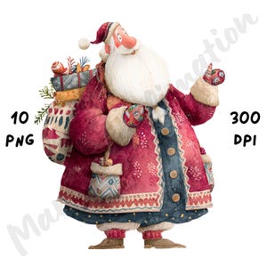 10 PNG Quirky Santa Claus Clipart, Whimsical Funny Christmas Sublimation, Watercolor Cartoon Winter Clip Art for Junk Journals & Scrapbook