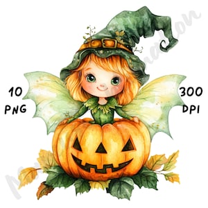 10 imágenes PNG de hadas calabaza peculiares, sublimación de acuarela, Halloween divertido y caprichoso para diarios basura, álbumes de recortes y manualidades de papel.