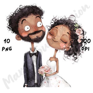 10 PNG de pareja de novios negros de boda peculiares, PNG de novios de dibujos animados, acuarela imprimible, invitación de boda, descarga instantánea
