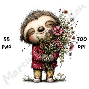Puede incluir: Ilustraci&oacute;n digital de un perezoso sonriente sosteniendo un gran ramo de flores coloridas. El perezoso lleva una camisa roja y pantalones amarillos. La imagen incluye el texto "55 PNG" y "300 DPI".
