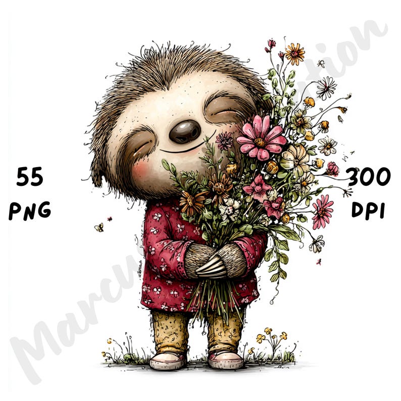 Puede incluir: Ilustraci&oacute;n digital de un perezoso sonriente sosteniendo un gran ramo de flores coloridas. El perezoso lleva una camisa roja y pantalones amarillos. La imagen incluye el texto "55 PNG" y "300 DPI".