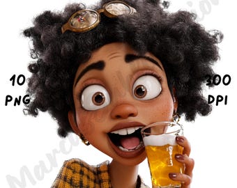 10 PNG Quirky Drunk Black Girl Clipart – Afro Whimsical Watercolor Sublimation for Cards, Journals, Scrapbooks, Shirts & Digital Crafts