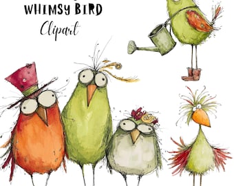Whimsy Bird Clipart Set: 20 PNG Whimsical Storybook Illustration (Digital Download)