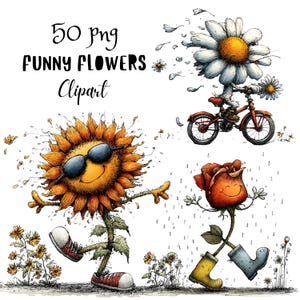 気まぐれで面白い花のクリップアートバンドル、花柄の春のキャラクターPNGセット、風変わりなイースターグラフィック（商用利用可）