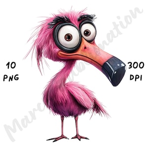 10 PNG Quirky Flamingo Clipart – Whimsical Funny Cartoon Bird, Watercolor Sassy Flamingo Sublimation Art, Instant Digital Download