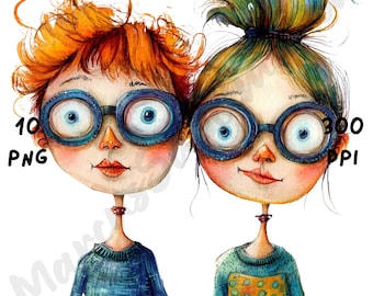 10 imágenes prediseñadas de hermanas peculiares, caricaturas de hermandad, imágenes prediseñadas de hermanas divertidas en acuarela para manualidades de papel, diarios basura y álbumes de recortes.