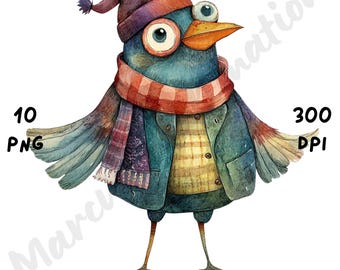 10 PNG Quirky Bird Clipart – Whimsical Funny Cartoon Birds, Crazy Sassy Bird PNG, Watercolor Animal Sublimation for Crafts, Download