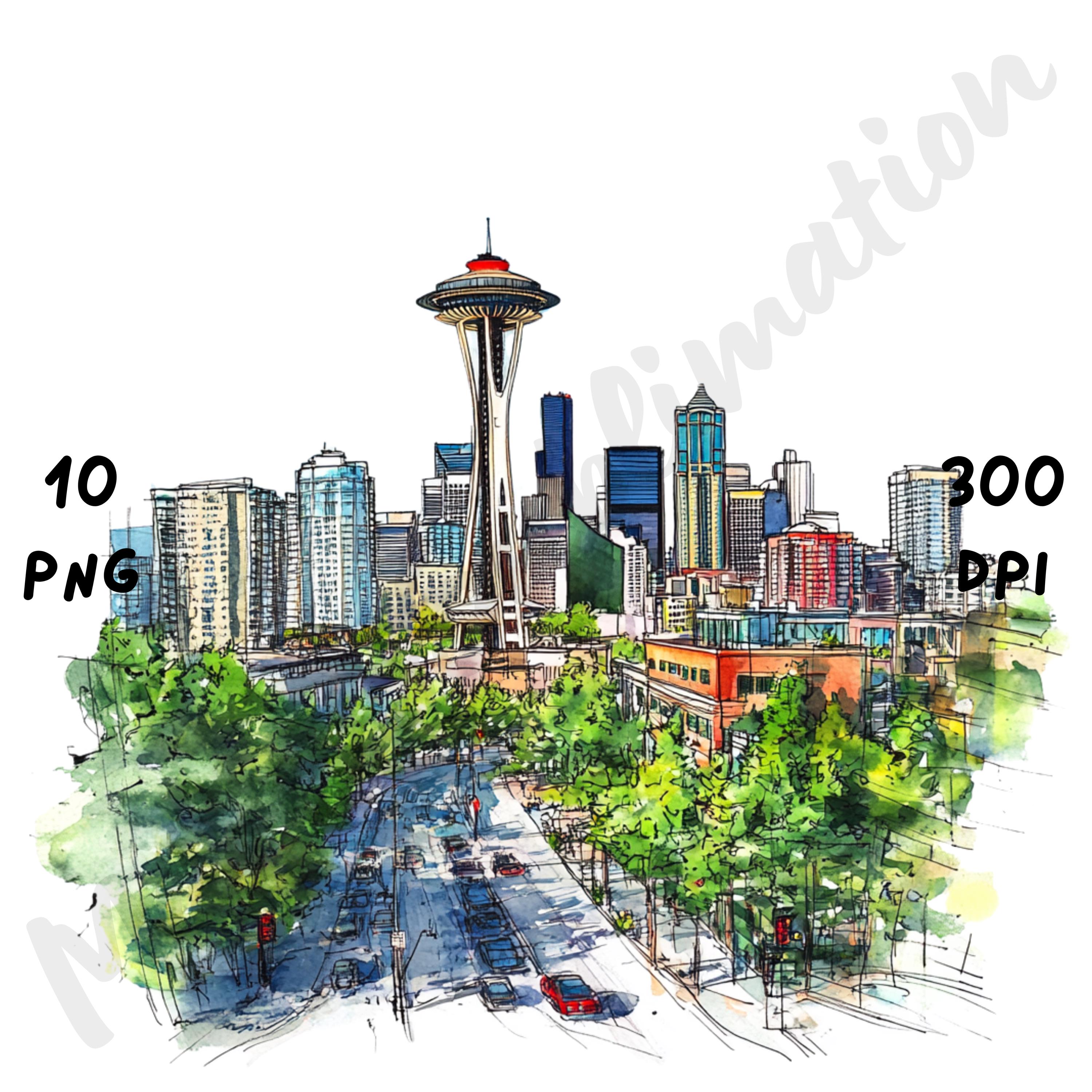 10 PNG Quirky Seattle Scene Clipart, Watercolor Seattle Cityscape ...