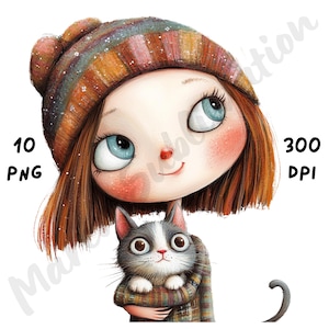 Girl with Cat Clipart PNG – 10 Quirky Whimsical Sublimation Files for Scrapbooks, Cards, Journals & Cricut Projects – Cute Kitty Girl Art