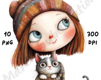 Clipart de niña con gato (PNG): 10 archivos de sublimación originales y extravagantes para álbumes de recortes, tarjetas, diarios y proyectos de Cricut. Arte de una linda gatita.