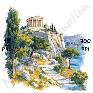 10 PNG Schrullig Altgriechische Szene Clipart, Aquarell Griechenland Stadtbild, Wunderliche griechische Stadt Landschaft, Cartoon Antike Ansicht Clip Art