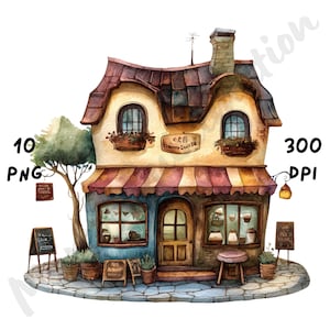 10 imágenes prediseñadas de cafeterías extravagantes: divertidas y extravagantes imágenes PNG de cafeterías acogedoras para revistas basura, álbumes de recortes, tarjetas y manualidades digitales.