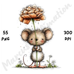 Puede incluir: Ilustraci&oacute;n caprichosa de un rat&oacute;n sosteniendo una gran flor naranja como paraguas. El rat&oacute;n tiene orejas grandes y una larga cola, de pie en un campo de peque&ntilde;as flores blancas. La imagen incluye el texto "55 PNG" y "300 DPI".