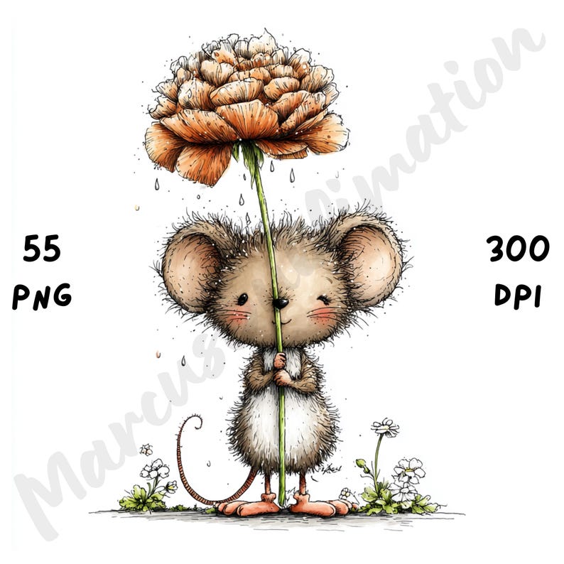 Puede incluir: Ilustraci&oacute;n caprichosa de un rat&oacute;n sosteniendo una gran flor naranja como paraguas. El rat&oacute;n tiene orejas grandes y una larga cola, de pie en un campo de peque&ntilde;as flores blancas. La imagen incluye el texto "55 PNG" y "300 DPI".