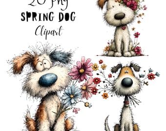 Floral Dog Whimsical Clipart, Funny Spring Animal Character PNG, Quirky Flowers Graphics (Commercial Use)