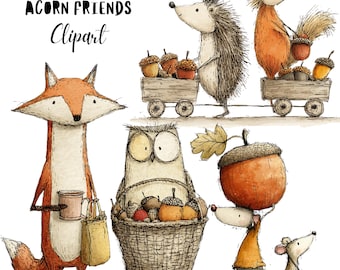 Fall Acorn Friends Whimsical Clipart Bundle, Funny Autumn Woodland Animal PNG Set, Storybook Illustration, Commercial Use, Digital Download