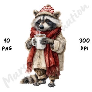 10 PNG Quirky Christmas Raccoon Clipart, Funny Whimsical Winter Animal Sublimation, Watercolor Cartoon Xmas Raccoon with Hot Cocoa Clip Art