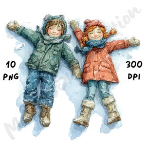 10 PNG Quirky Christmas Kids Clipart, Whimsical Funny Snow Angel Kid Sublimation, Watercolor Cartoon Xmas for Junk Journals & Scrapbooking
