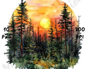 10 PNG Sunset Forest Clipart – Pakiet akwarelowych leśnych krajobrazów do sublimacji, kart, dzienników, sztuki ściennej, naklejek, wydruków i rzemiosła