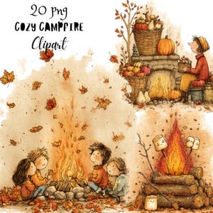 Könnte beinhalten: Ein digitales Illustrationsset mit dem Titel 20 png COZY CAMPFIRE Clipart, das Aquarell-Szenen von Menschen an Lagerfeuern, Herbstblättern, Kürbissen, Körben und gerösteten Marshmallows mit Gesichtern in warmen Orange- und Brauntönen zeigt.