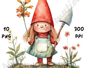 10 PNG Quirky Garden Gnome Girl Clip Art, Watercolor Cartoon Gnome Clipart, Funny Whimsical Gnome Girl Sublimation, Junk Journal, Scrapbook