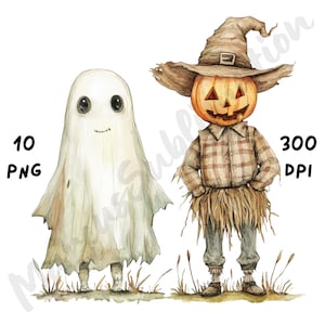 10 PNG Quirky Halloween Ghost and Scarecrow Clipart, Watercolor Cartoon Spooky Sublimation, Whimsical Halloween Decorations, Creepy Cute png