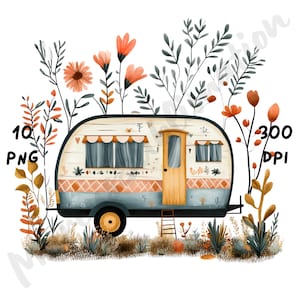 May include: A white vintage camper van with blue and orange trim, surrounded by green and orange flowers. The camper has a yellow door and a ladder on the side.