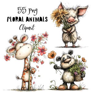 花柄動物の気まぐれなクリップアート集、春の動物キャラクターのPNGセット、風変わりな花のグラフィック（商用利用可）