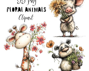 Floral Animals Whimsical Clipart Bundle, Funny Spring Animal Character PNG Set, Quirky Flowers Graphics (Commercial Use)