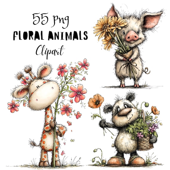 Floral Animals Whimsical Clipart Bundle, Funny Spring Animal Character PNG Set, Quirky Flowers Graphics (Commercial Use)