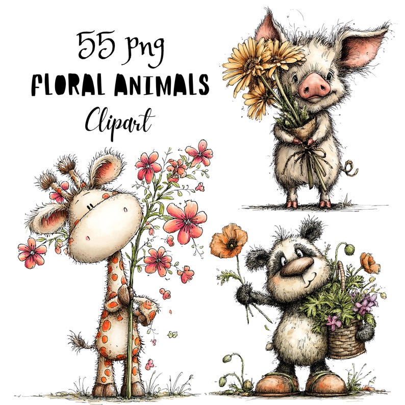 Floral Animals Whimsical Clipart Bundle, Funny Spring Animal Character PNG Set, Quirky Flowers Graphics (Commercial Use)