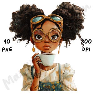 10 PNG Quirky Black Coffee Girl Clipart, Cartoon Girl with Coffee PNG, Whimsical Girl Sublimation, Printable Watercolor, Instant Download