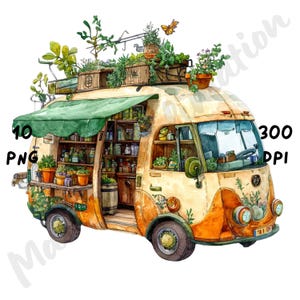 10 imágenes PNG de camiones de hierbas extravagantes, tienda botánica de dibujos animados, escena de tienda de acuarela para revistas, álbumes de recortes y manualidades digitales.