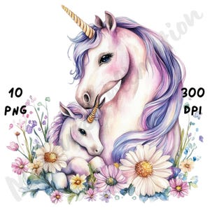 10 PNG Watercolor Cute Unicorn Clipart, Unicorn Mother and her Cubs, Whimsical Unicorn Clipart, Happy Mother&#39;s Day Sublimation, Mom Day png
