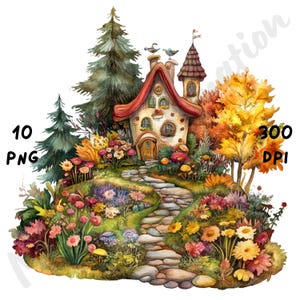 May include: A watercolour illustration of a fairytale cottage with a red roof, set in a colourful garden. A stone path leads to the cottage door, surrounded by flowers and trees. The image includes the text "10 PNG" and "300 DPI".