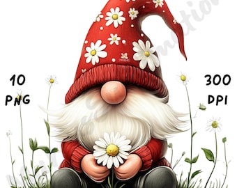 10 PNG Daisy Gnome Clipart for Gardeners, Digital Download, Spring Sublimation, Garden Gnome, Gnome with Flowers Graphics, Cute Whimsical