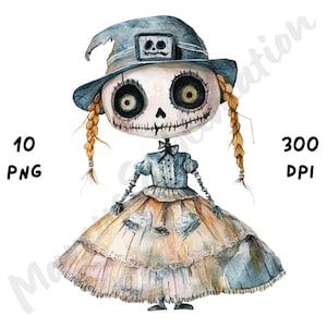 10 imágenes PNG de muñecas embrujadas extravagantes, sublimación divertida y caprichosa de Halloween, imágenes prediseñadas de muñecas de dibujos animados en acuarela para revistas basura y álbumes de recortes.