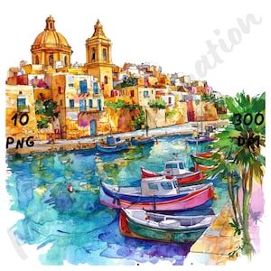 Puede incluir: Pintura acuarela de una ciudad colorida con un puerto lleno de barcos. Los edificios son amarillos y naranjas con acentos azules. Los barcos son rojos, azules y verdes. El agua es de un azul brillante.