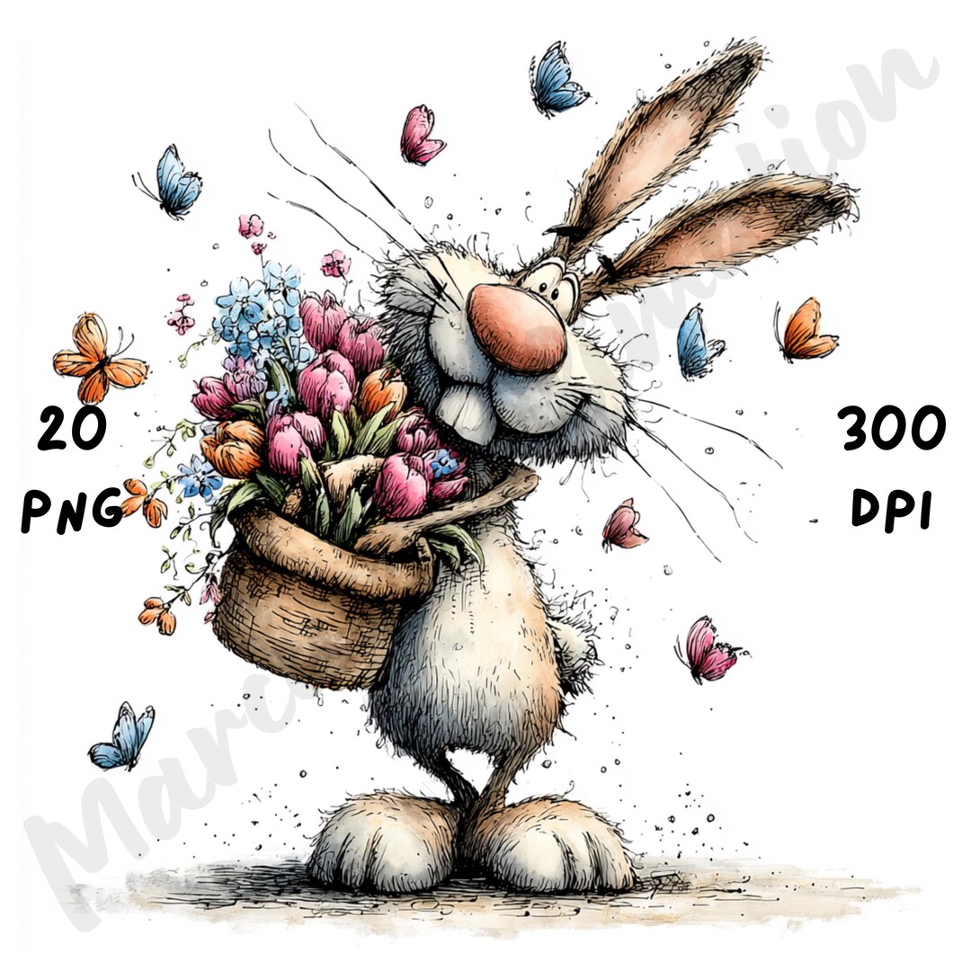 Whimsical Spring Bunny Clipart, Floral Easter Rabbit PNG (commercial ...