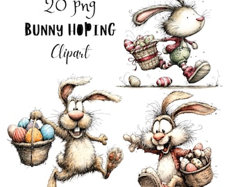 Paquete de imágenes prediseñadas de conejo de Pascua con flores, divertidos personajes de primavera PNG, gráficos florales originales (uso comercial)