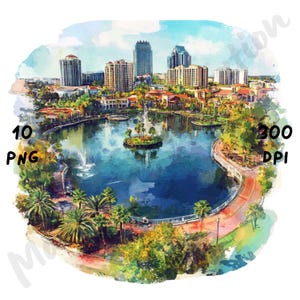 10 PNG Clipart di scene eccentriche di Orlando, Paesaggio urbano di Orlando ad acquerello, Paesaggio urbano stravagante, Clip art con vista sugli Stati Uniti, Arte di viaggio dei cartoni animati per l'artigianato
